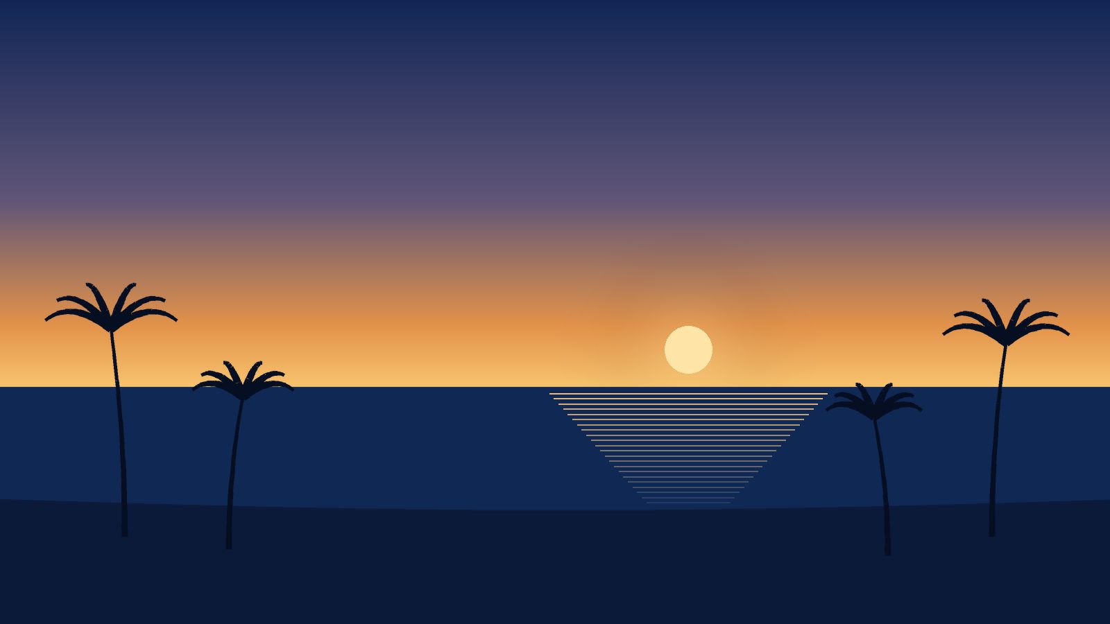 Palm-lined coast at sunset