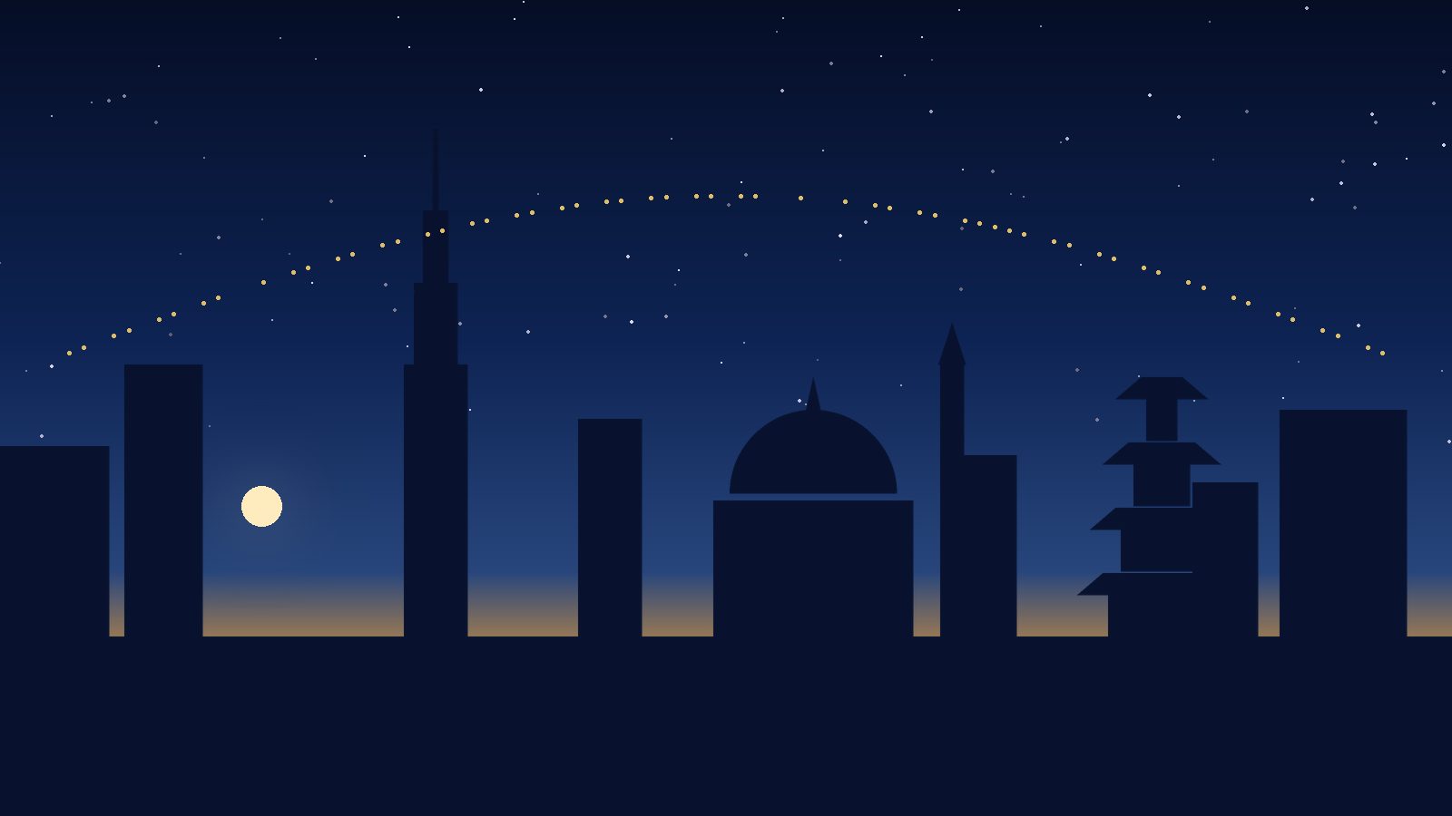 World skyline with a flight path overhead